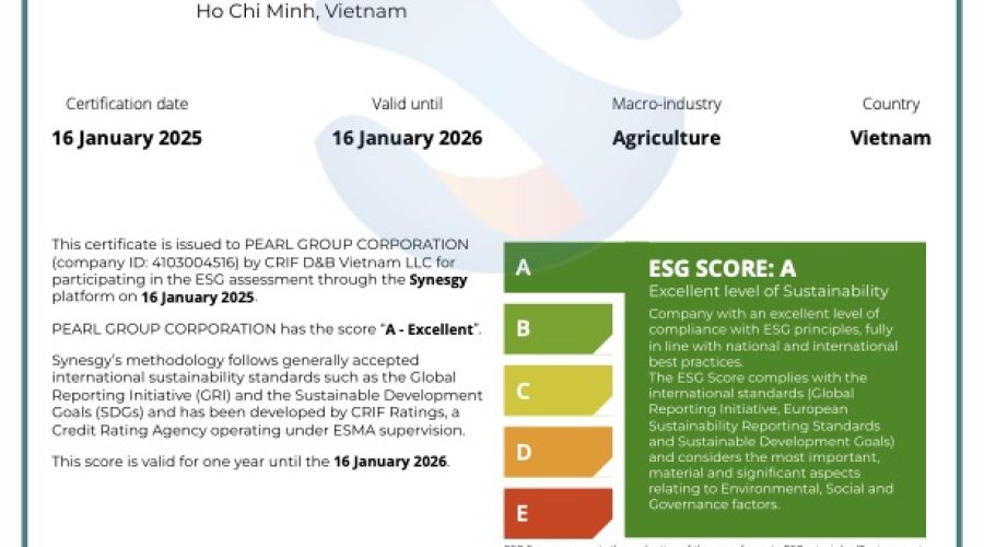 ESG Education & Business hỗ trợ thành công Tập Đoàn Nông Nghiệp Trân Châu Đạt Chứng Nhận Phát Triển Bền Vững Level A (Excellent Level of Sustainability) Theo Tiêu Chuẩn GRI từ CRIF International